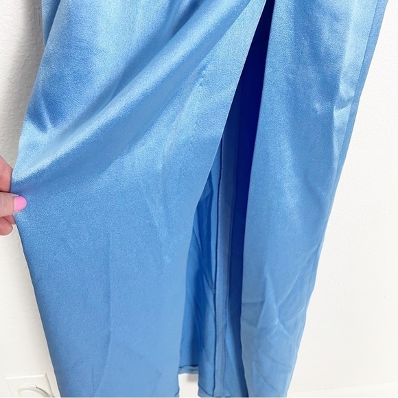 Alice & Olivia Diana Satin Ruched Satin Slit Maxi Dress Blue Formal Evening - Picture 6 of 15